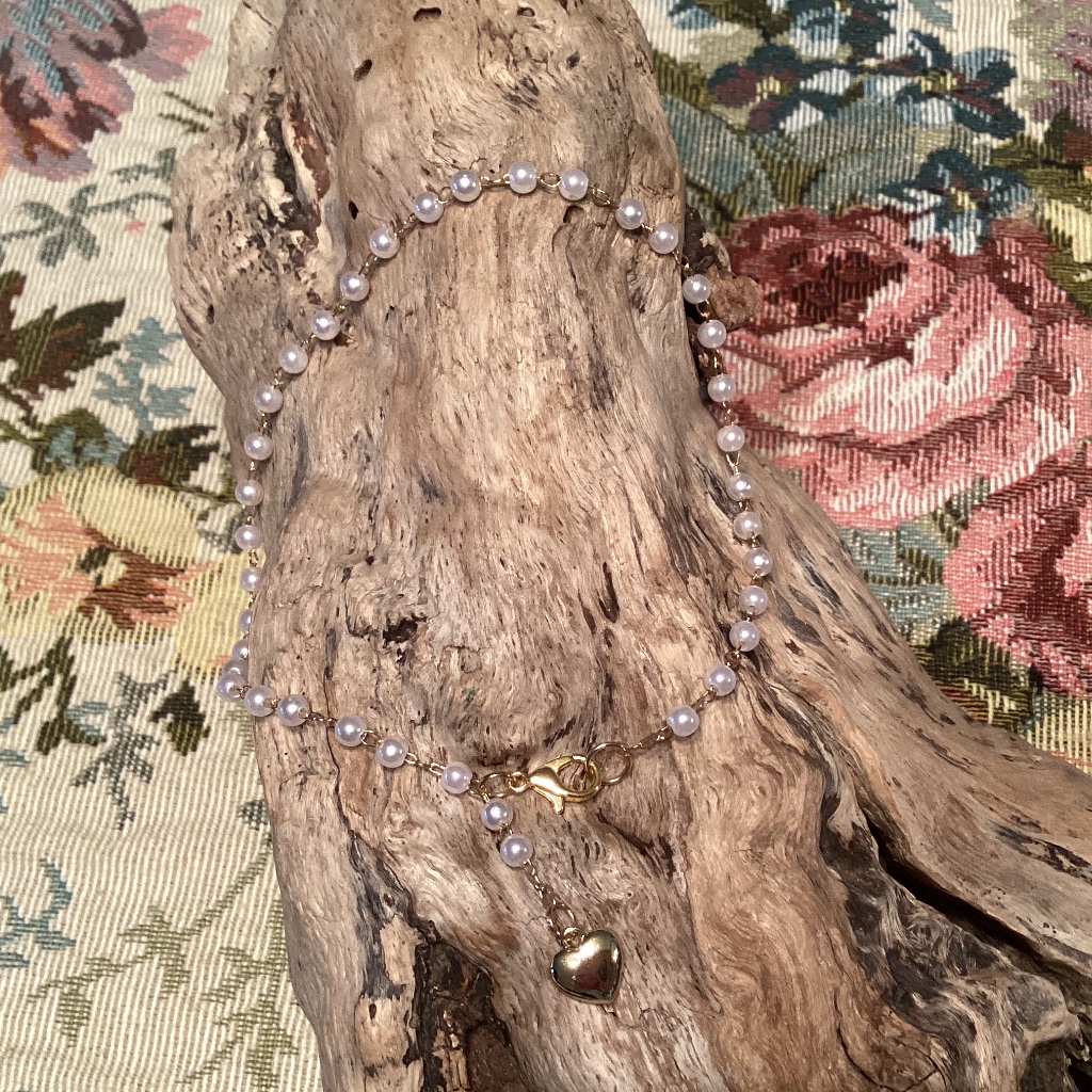 Gold Plated Pearl Beaded Anklet W Puffy Heart Dangle 10 22$